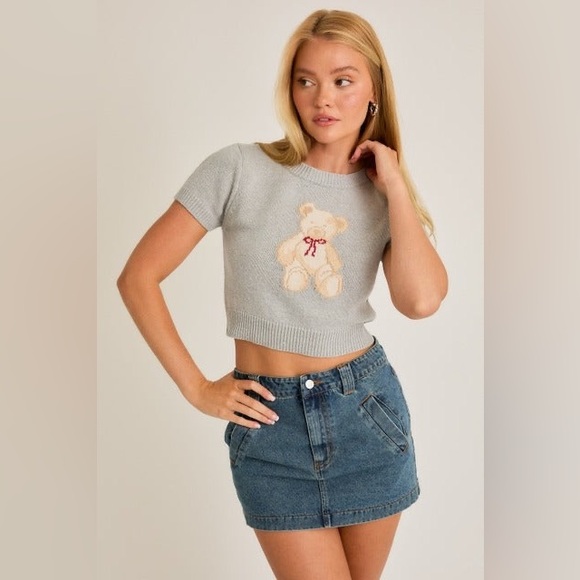 Short Sleeve Crew Neck Teddy Bear Sweater Crop Top - Le Lis